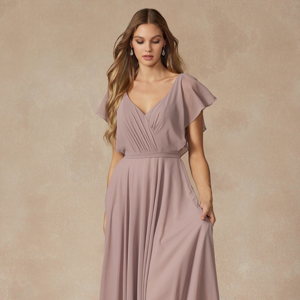 NEW FLOOR LENGTH A-LINE POLYESTER DRESS WITH V-NECK & CASCADE ZIPPER BACK JT 261